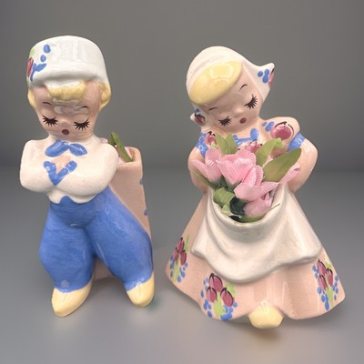 VTG 1940s DeLee Hollywood California Dutch Boy and Girl Pottery Planters Cute!