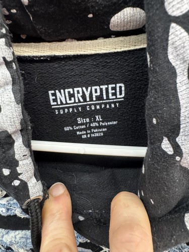 Encrypted Hoodie Mens XL Distressed Bleach Splatter Ripped Denim Patch Pullover - Picture 2 of 5