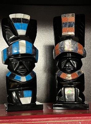 Vintage Mexican Carved Black Obsidian Aztec Mayan Statue Pair Inlay Totem 6.5''