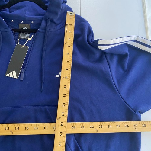 Adidas Felpa con Cappuccio 1/4 Zip Donna 3X Blu 3 Strisce French Terry Pullover - Foto 10 di 12