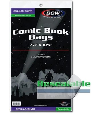 (1000) Case of BCW Resealable Silver/Regular Comic Book Bags 7 '' X 10½''