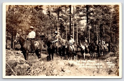 Black Hills SD Horseback Riders On Trail~Blue Bell Lodge~Eat Buffalo Meat? RPPC