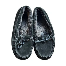 Black Suede Faux Fur Moccasin Slippers Women’s Size 7 Cozy Indoor Shoes
