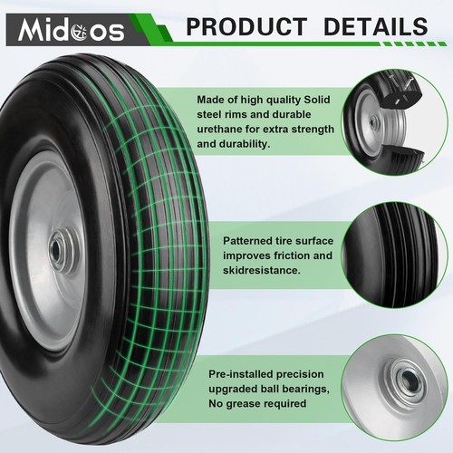 2 Pack 4.00-6 Tire Flat Free 13 Inch Wheelbarrow Tires with 5/8" or 3/4" Adapter - Picture 3 of 7