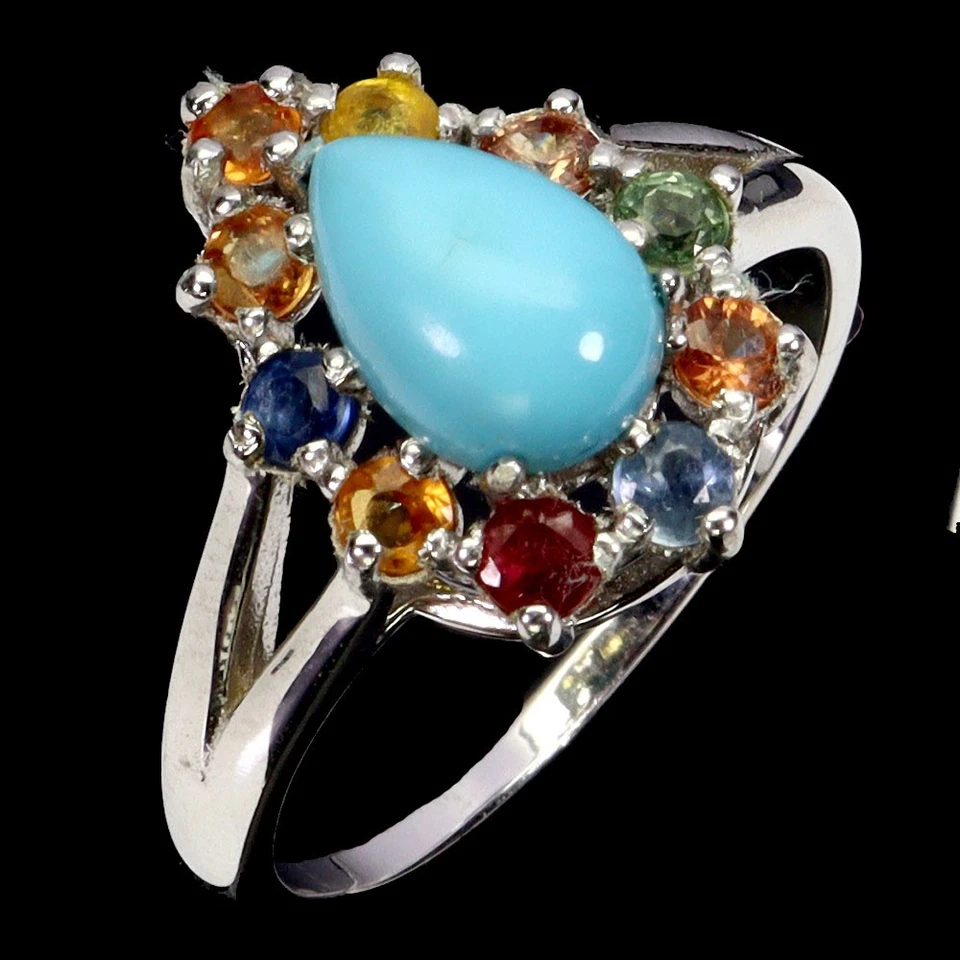Anillo de plata de ley 925 pera turquesa 8x6 mm zafiro piedras preciosas joyería tamaño 8,5 Foto 2 de 4