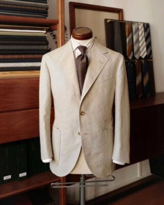 Men's Summer Beige Linen Jacket Notch Lapel Single Breasted