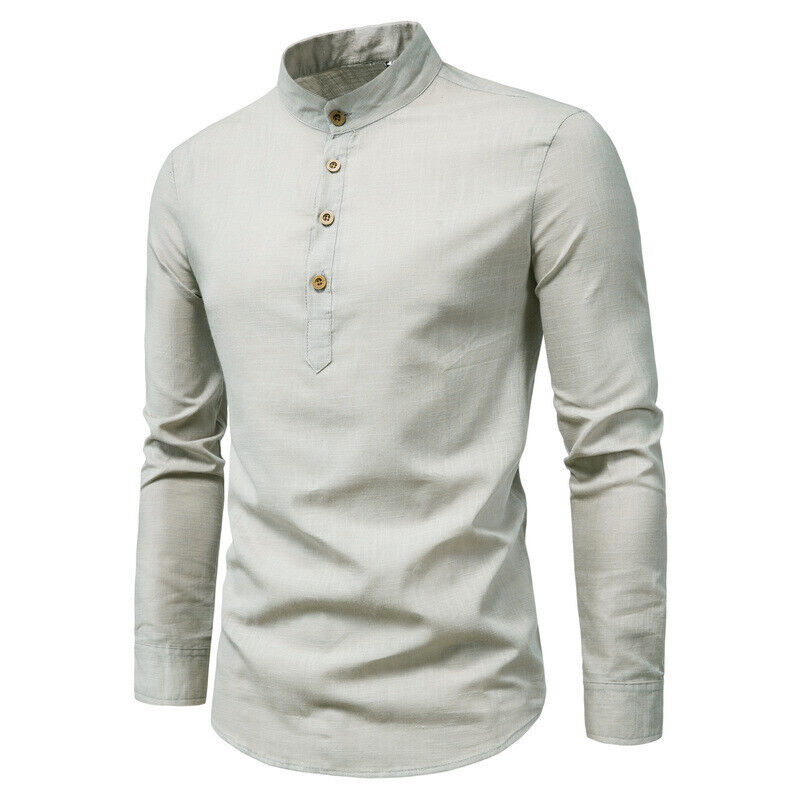 Men Long Sleeve Stand-up Collar T Shirt Solid Slim Fit Button 
