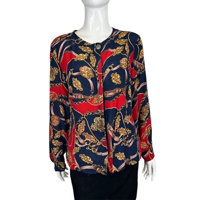 Vintage 80er Barock Print Bluse Seidig Pferdegeschirr Muster 12 Heritage True