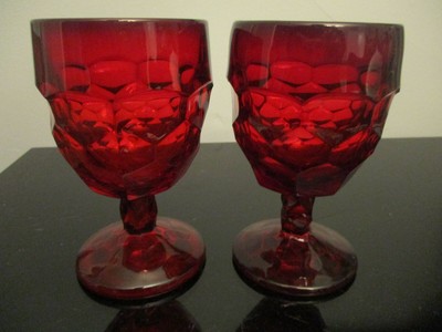 2 Vintage Viking Ruby Red Georgian Glass Ice Tea Wine 5-5/8'' Goblets Honeycomb