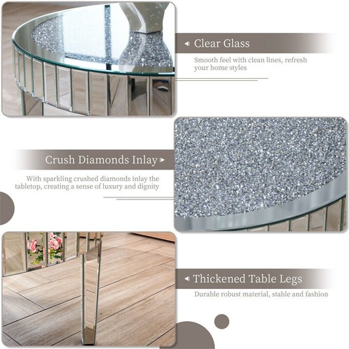80CM Luxus Glas Kaffeetisch Rund Spiegel Sofatisch Kristall Diamanten Wohnzimmer - Bild 9 von 10