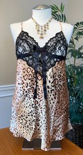 Cinema Etoile, Woman's Satin Leopard Print  Sheer Lace Chemise/Nightgown, Sz L