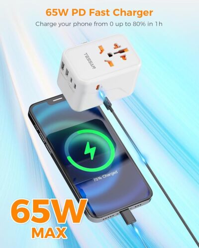 Universal Travel Plug Adaptor 65W PD Fast Charger 3 USB C & 2 USB A Ports for EU - Picture 2 of 8