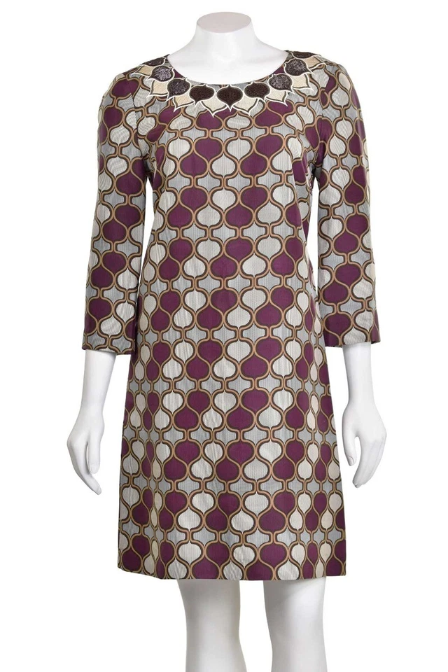 Vestido recto Tory Burch 100 % seda estampado con mangas 3/4 de largo y cuello con cuentas talla 6 Foto 3 de 4