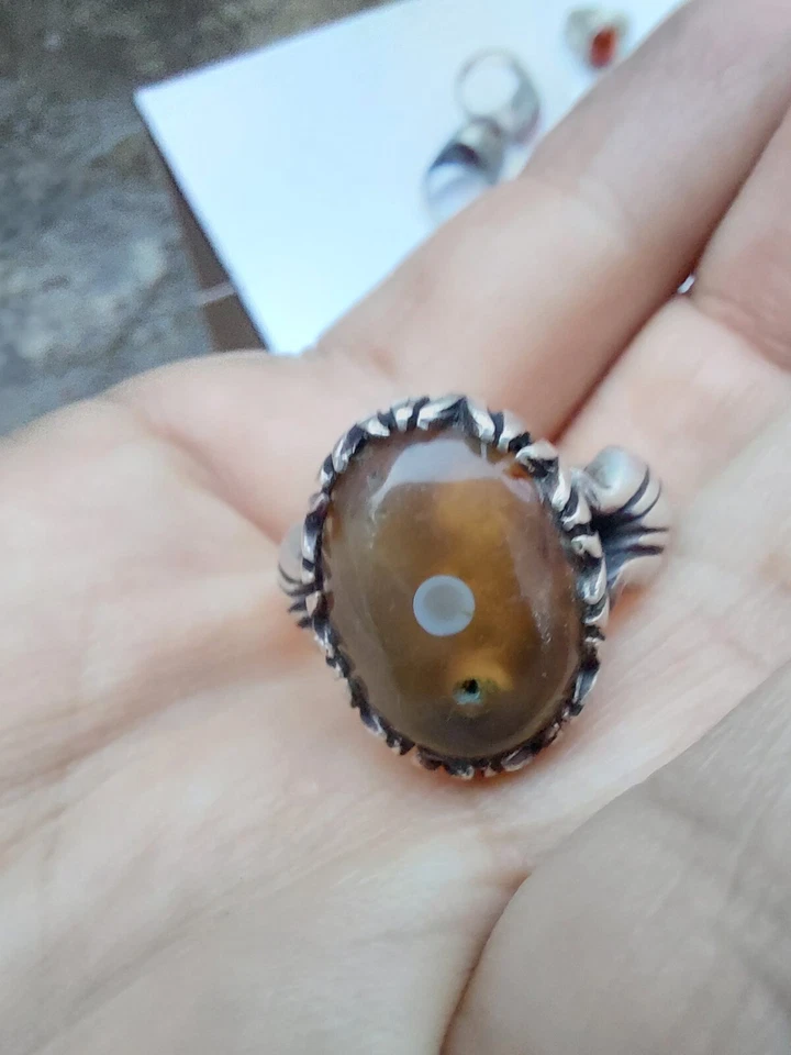 Anillo de plata ágata marrón Aqeeq protección mal ojo yemení vintage talla EE. UU. 8,75 Foto 4 de 4