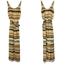 Eliza J Size 6 Beige Brown Striped Lined Sleeveless Maxi Dress Tie Waist