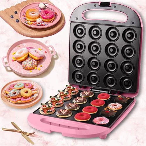 Donut Maker Pink, Mini Donut Maker Machine with Non-stick Surface, Bake 16 Mini - Picture 1 of 7