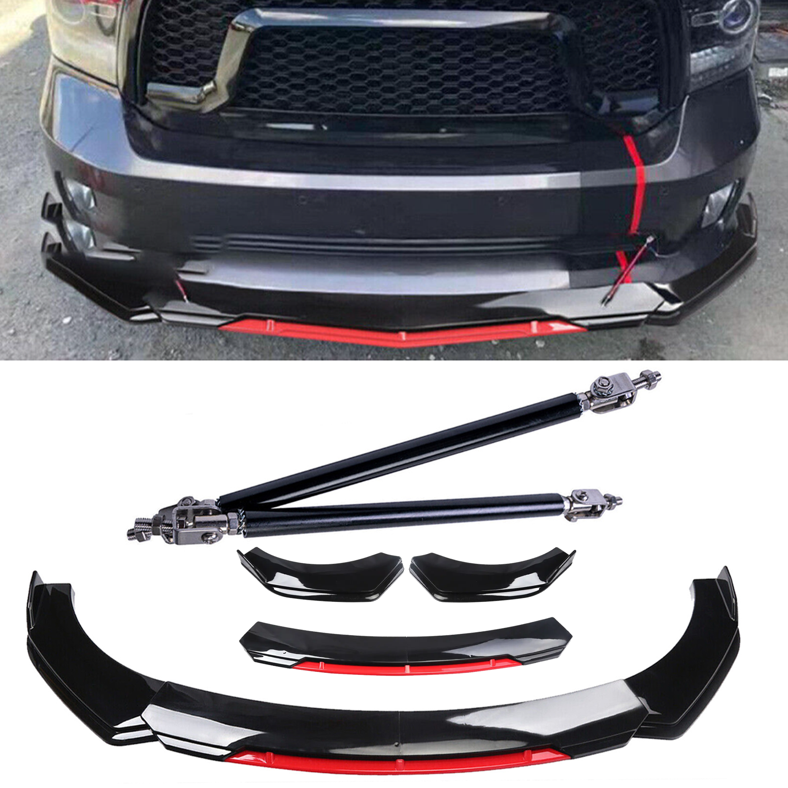 Dodge Ram 1500 Glossy Black Front Bumper Lip Chin Splitter with Strut Rods