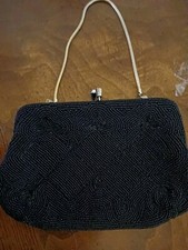 Vintage Black Beaded Evening Chain Clutch, Made In 1950