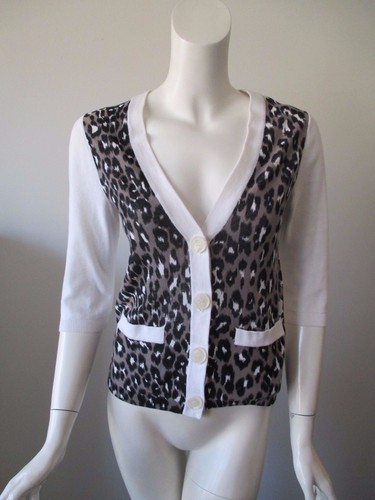 Cárdigan Suéter Tracy Reese Blanco Gris Estampado de Animales Tejido Fino Algodón P - Imagen 1 de 7