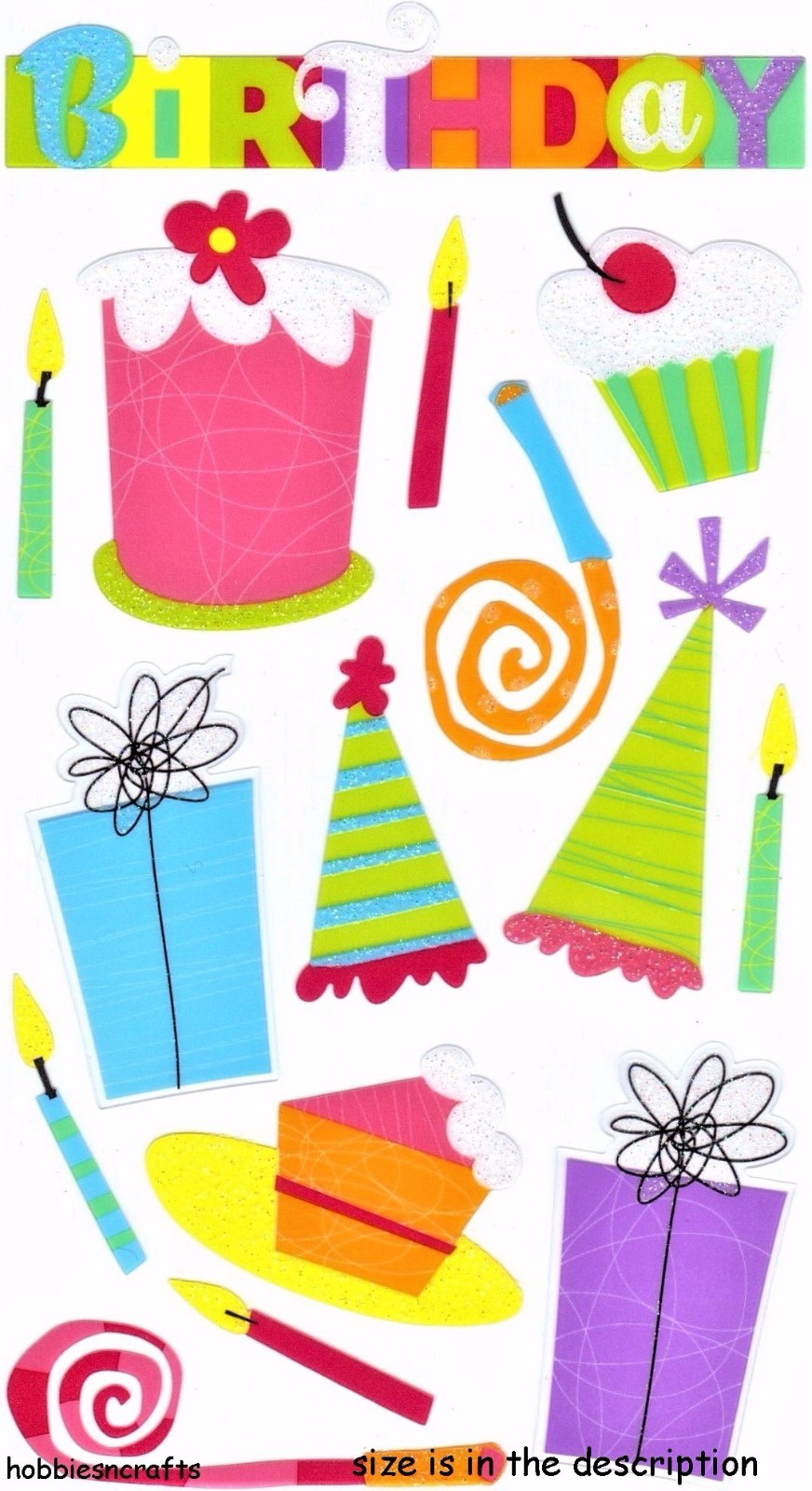 BIRTHDAY PARTY Sticko Glitter Stickers - Cakes Gifts Candles Hats Blowouts