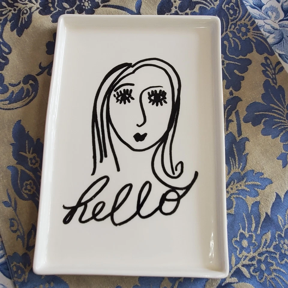 HELLO Ceramic Tray Drawing of Woman Black White  Food Cooking Platter Oven Safe - Image 3 of 4