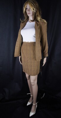 Vtg.100% Silk 2PC Belted Silk Skirt Suit Costume Plaid Mustard Talbots Size XS US 2