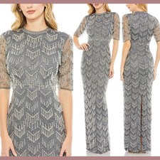 NWT $1198 Mac Duggal [ 4 ] Beaded Fringe Quarter Sleeve Column Gown Q646