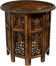 Solid Wood Accent End Table - Hand Carved Vintage Boho Folding Side Table - Smal