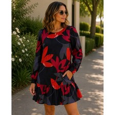 LOFT Petite XSP Navy Red Floral Long Sleeve Ruffle Hem Dress