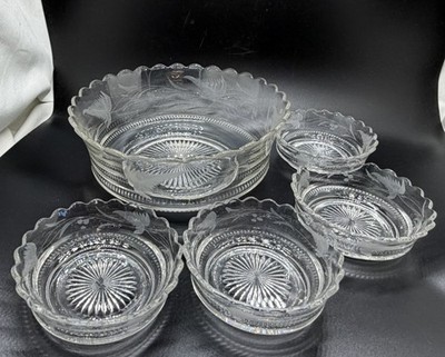 5 Pc EAPG Glass Putney Band Fern Flower Etch Master Berry & Bowls Fruit Delight