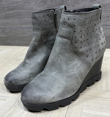 Sorel Joan Uptown Zip Wedge Bootie Gray Women 7 Studded Leather Heel Zip Up
