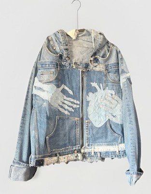 ジャケット・アウター 00s archive SCHLUSSEL Distressed Jacket Forsaken Artifacts Unisex XL Blue Hooded Zip Denim Jean Jacket