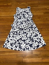 Chaps Women's Floral Dress Size 14 Blue White Floral Stretch Cotton Fit Flare