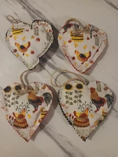 Christmas Ornaments  Handmade Gift  Primitive Cottage Chicken Heart - Set of 4
