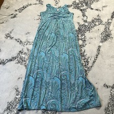 Talbots Womens M Paisley Maxi Dress Blue Green V Neck Stretch Empire Waist