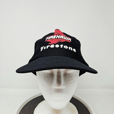 Vintage Firestone Firehawk Trucker Snapback Hat Made USA Logo 80s Black