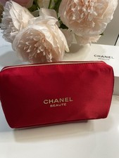 Chanel Beauty - Red Satin Make-Up Bag with Camellia Pattern Interior