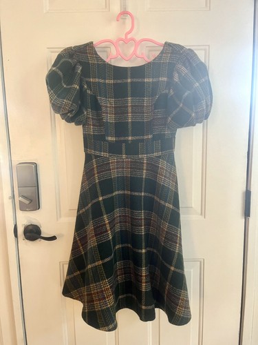 Ivy City Co Dress Sz S/M Dark Green Plaid Puffy Sleeves Wide Neck NWOT