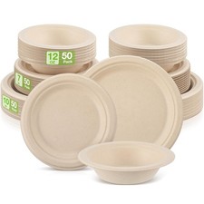 Havawish 150 Pcs Compostable Paper Plates Bowls Set 7 Inch 10 Inch Disposable Bi