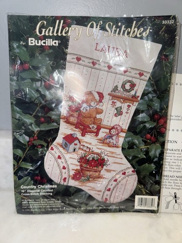 "Galería de medias de punto de cruz de Navidad Bucilla Country 16"" vintage" - Imagen 9 de 18