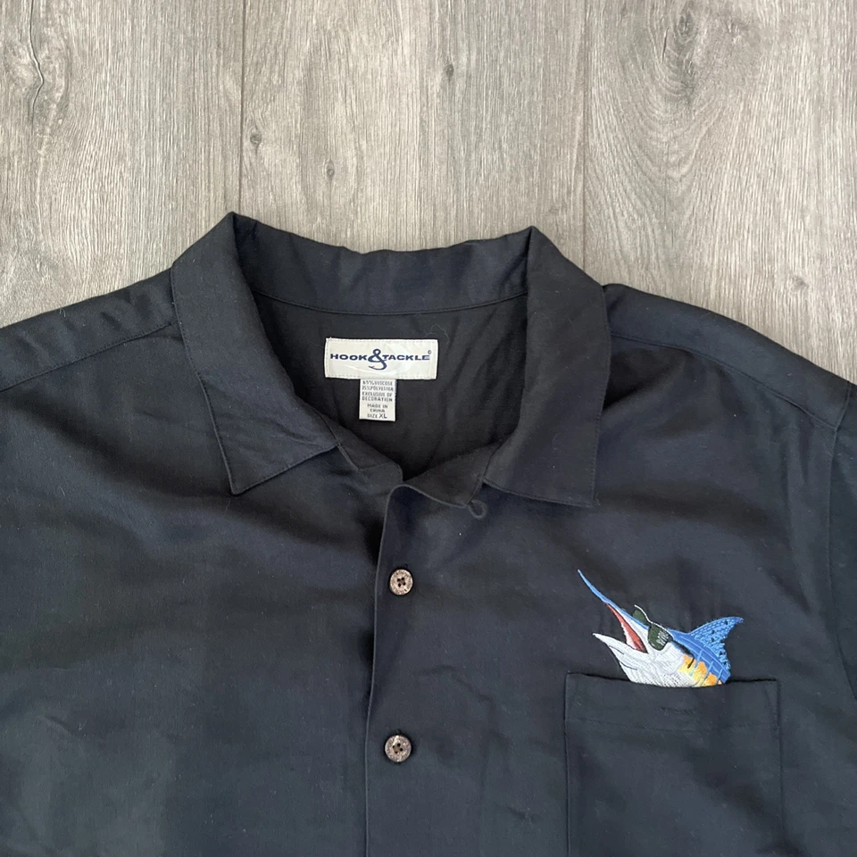 Hook & Tackle Mens XL Button Up Short Sleeve Black Embroidered - Image 3 of 4