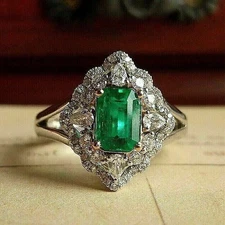 3.10 Ct Emerald Cut Emerald & Moissanite Ring 14K White Gold Finish