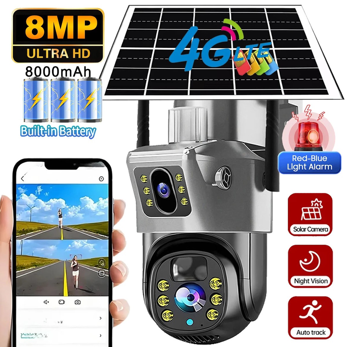 V380 Pro WiFi Solar Camera 4G Dual Lense Outdoor 8MP Low Power