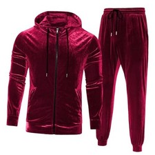 Men's 2 Piece Velvet Tracksuit Full Zip Turtleneck Hooded Jacket and Large Red