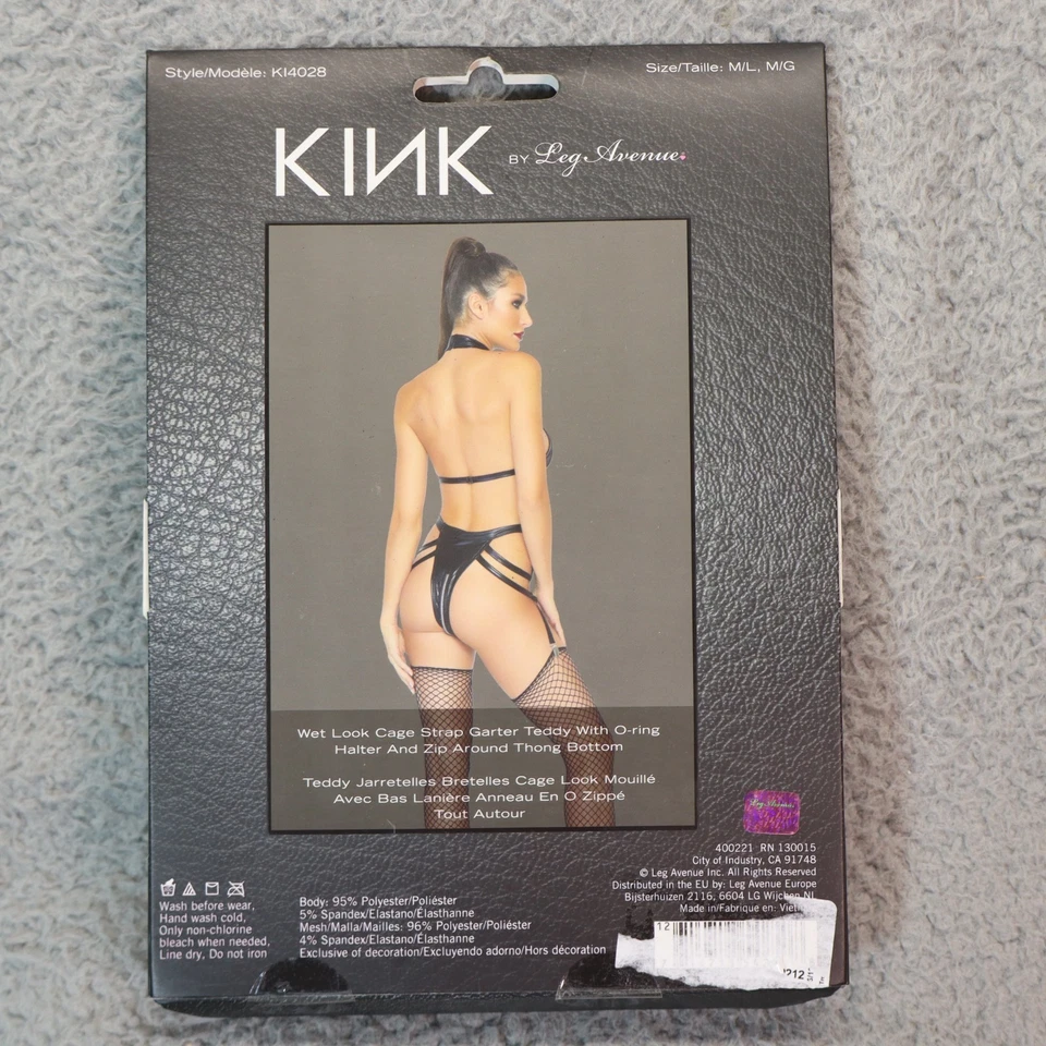 Juego de halter con fondo de tanga Kink by Leg Avenue negro con cremallera aspecto húmedo Foto 2 de 4