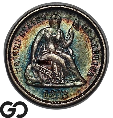 1872 Seated Liberty Half Dime, Beautiful Rainbow Toner, BU++