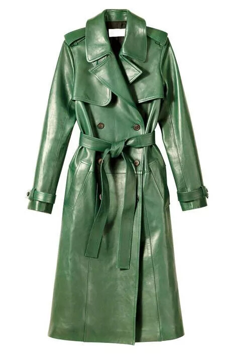 Designer Stylish Green Women Lambskin Leather Long Trench Coat