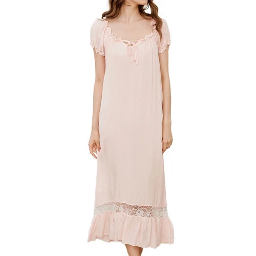Camisón de mujer princesa manga corta cuello cuadrado algodón suave vestido largo para dormir - Imagen 12 de 34