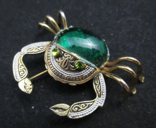 Vintage Green Glass Back Green Rhinestone Eyes Damascene Crab Brooch Pin AS IS - Picture 2 of 9