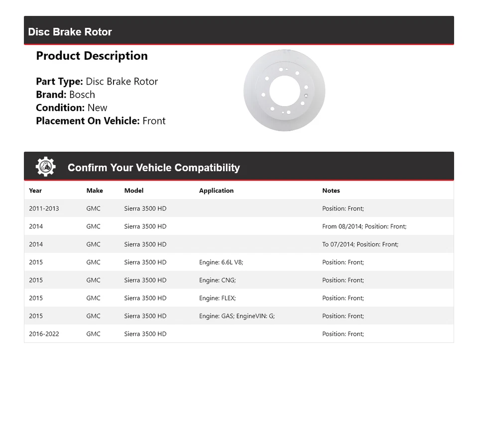 Rotor de freno de disco delantero 2012 para GMC Sierra 3500 HD 2011-2022 Bosch QuietCast Foto 2 de 4